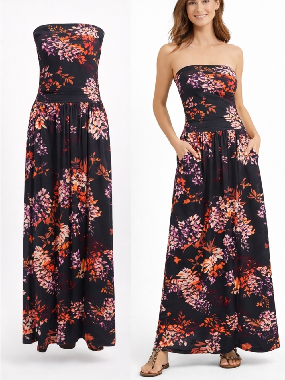 Lascana | Black Floral Strapless Maxi Dress | Viscose Stretch | Size 12